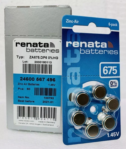 Imagen 2 de 6 de Pilas Audifono Zincair Renata 675 Pr44 Caja 60 Unid Alemanas