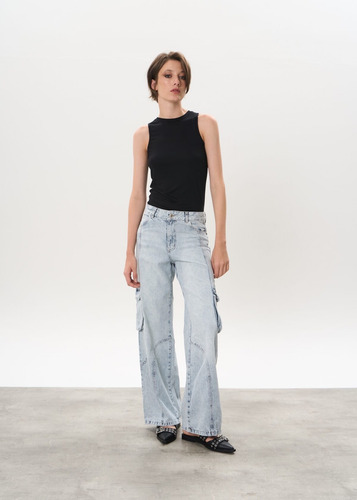 Pantalón Wide Leg Cargo De Jean Rígido Tiro Medio- Scott