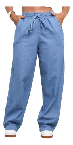 Calça Jeans Pantalona Wide Leg Cós Alto com Elástico