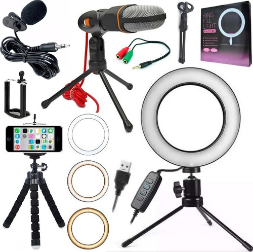 Kit Youtuber Tripé Lapela Celular Anel Ring Light Iluminador