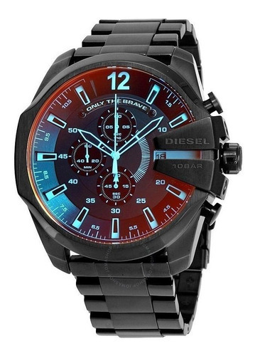 Reloj Pulsera Diesel Mega Chief Dz4318 De Cuerpo Color Negro, Analógico, Para Hombre, Fondo Negro, Con Correa De Acero Color Negro, Agujas Color Azul Y Negro, Dial Azul, Subesferas Color Negro Y Azul,