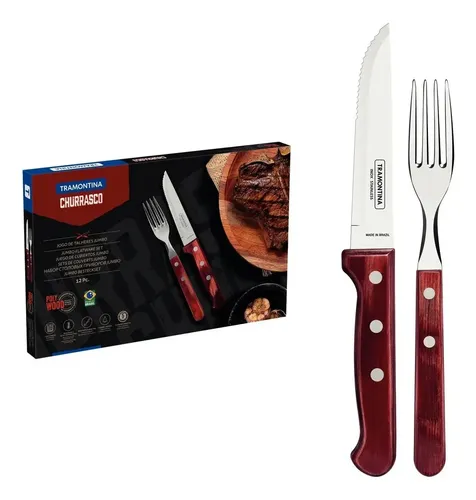 Jogo De Talheres Jumbo  Churrasco Com Lâminas Em Aço Inox E Cabos De Madeira Polywood Vermelho 12 Peças Tramontina