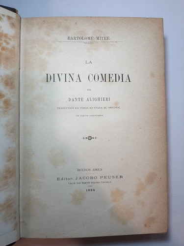 Antiguo Libro La Divina Comedia 1° Ed Español Mitre Ro 1157