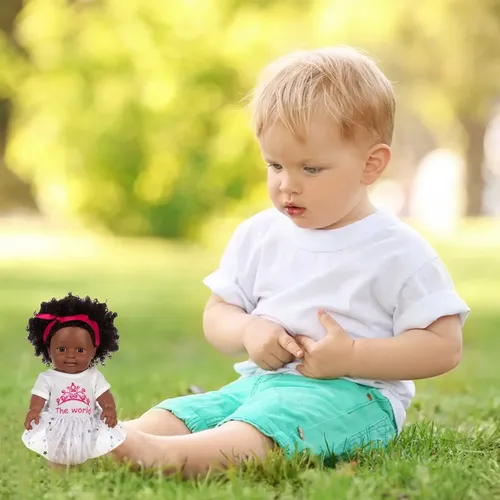 Muñeca Africana Realista De 30 Cm Con Vestido, Cabello Rizado Y Articulaciones Móviles, De Vinilo Suave Y Lavable – Ideal Para Niños Y Coleccionistas