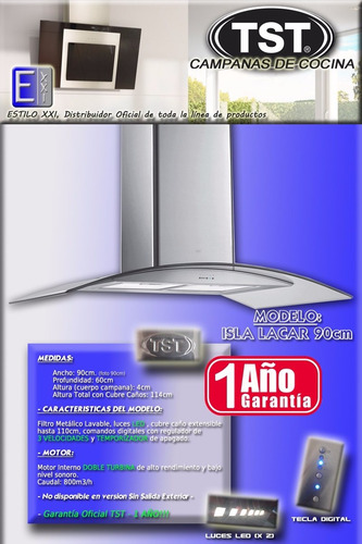 Imagen 4 de 10 de Campana De Cocina Tst Isla Lacar 90x60 - Ahora 18