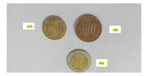 3 Moneda Chile 100-500 Pesos Antigua. 1974.1997-2001