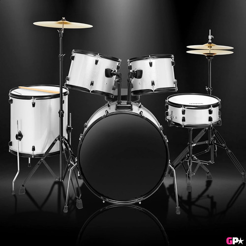 Bateria Acustica Completa 5 Cuerpos Platos Fierros Color Blanco