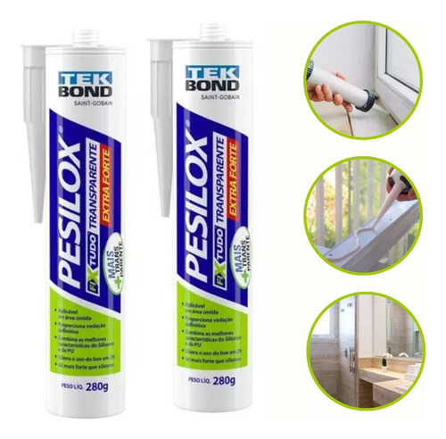 2 Cola Silicone 280g Fix Tudo Transparente Pesilox Tekbond Cor Incolor