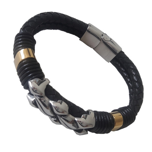 Pulseira Masculina Em Couro E Aço Fecho Imã Modelo Fashion