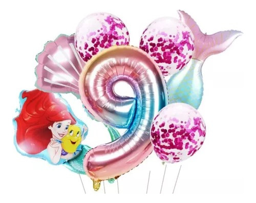 Set 7 Globos Metalizados Sirenita Ariel Decoración