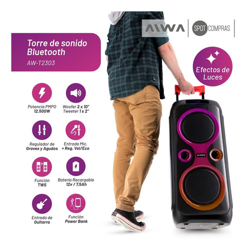 Imagen 4 de 10 de Parlante Torre Bluetooth Carry On 12500w Aiwa 2303