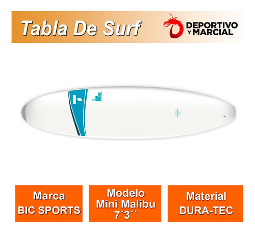 Tabla Surf Mini Malibu Bic 2025 221 X 54 Cm 46 L Con Leash