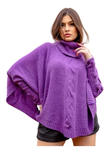 Blusa Poncho Tricot Gola Alta Xadrez Geométrico Moda Inverno