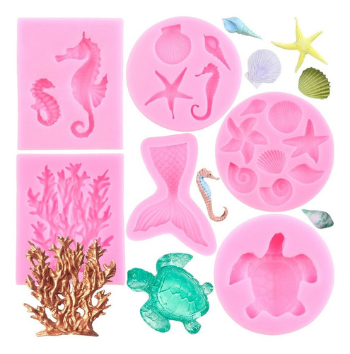 6pcs Molde De Silicona Tortuga Pez Fondant Resina Coral