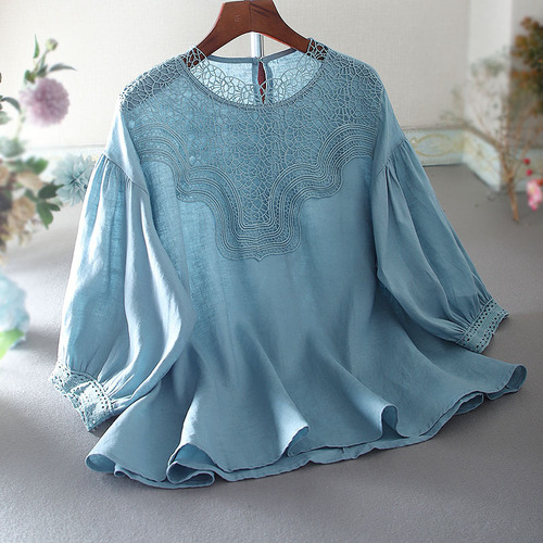 Blusa Retro De Lino Y Algodón Con Manga De Farol Para Mujer,