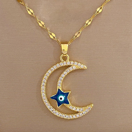 Collar De Luna Y Estrella En Ojo Turco - Talismán Protector