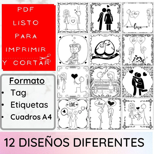 Imagen 1 de 5 de Kit Imprimible Pdf1 San Valentín Bn Tag Etiquetas Cuadros A4