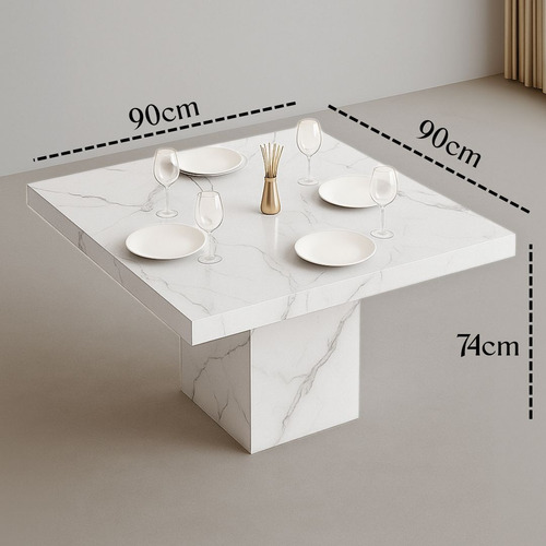 Mesa Cuadrada Nativa Minimalista Para Comedor 90cm Mármol Blanco