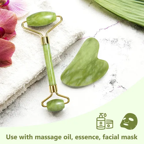 Gua Sha Facial Tools & Jade Roller Set For Skin Care, Red...