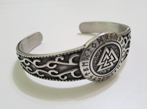 Pulsera Esclava Brazalete Acero Macizo Valknut Celta Plateado