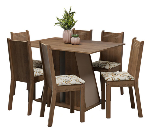 Mesa de comedor con tapa de madera, 6 sillas Sharon Madesa Rcl, color rústico/crema/lirio, diseño de la tela de las sillas Lily