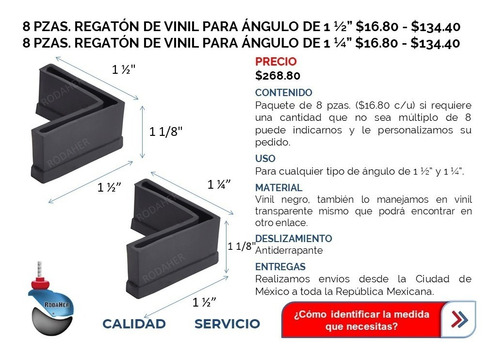 Regatón Tapón Angulo De Vinil Negro De 1 1/4 Y 1 1/2 Paquete