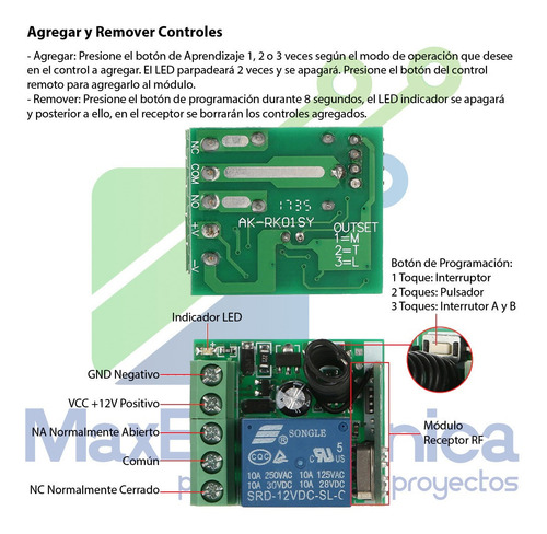 Imagen 5 de 6 de Módulo Rf 1 Relé Inalámbrico Control Remoto 12v 433mhz