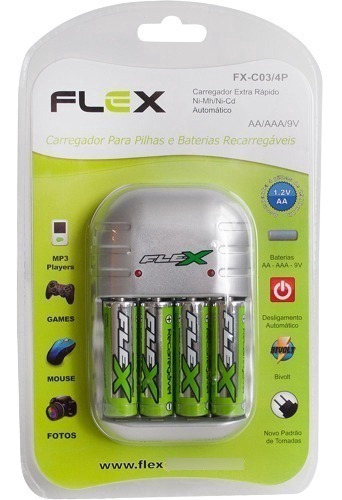 4 Pilhas Aa 2900mah + Carregador De Pilhas Aa Aaa 9v Flex