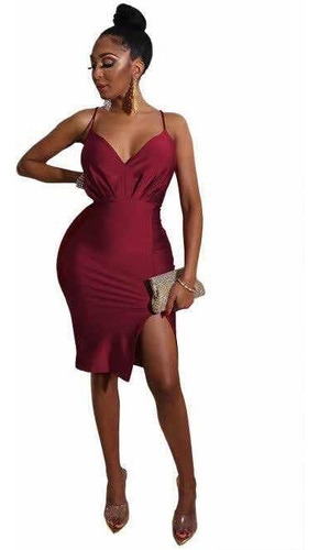 Vestido Tinto Guinda Tela Strech Sexy Tirantes Fiesta Escote