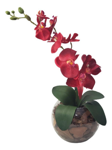 Arranjo Centro Mesa 1 Orquídea Artificial Vaso Vermelho