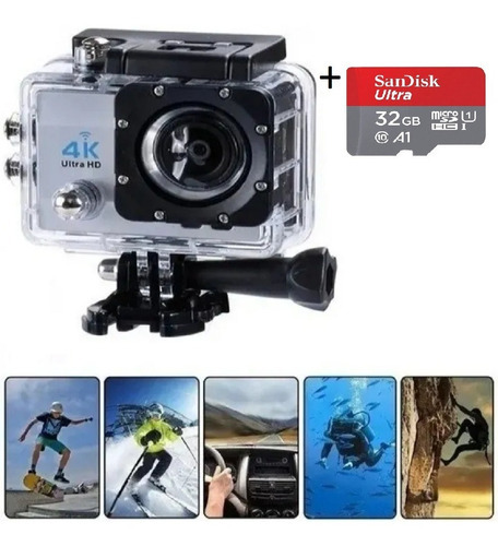Cámara videocámara deportiva 4K HD a prueba de agua+accesorios de color gris