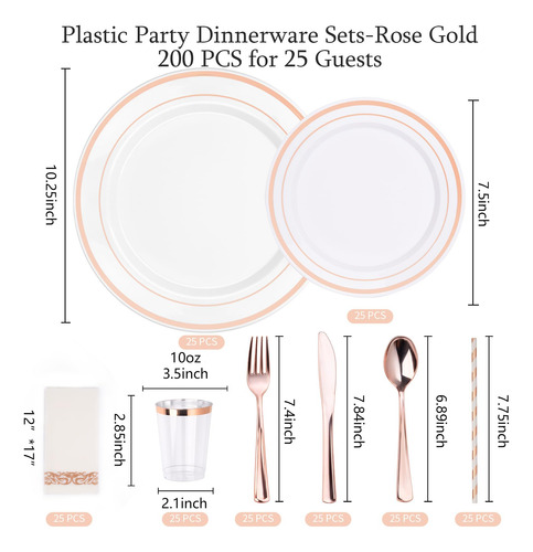 Juego De Vajilla Desechable Isfangco Rose Gold 200 Piezas