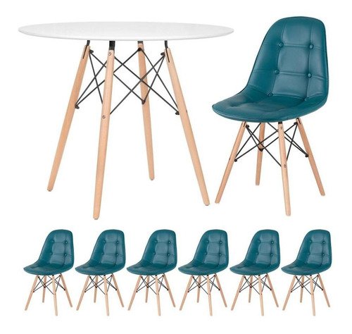 Mesa Jantar Eames 90 Cm 6 Cadeiras Estofada Botone Coloridas Cor Azul