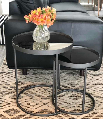 Mesa Lateral Conjunto Com 2 Mesas Lateral Dourada Preta Bran