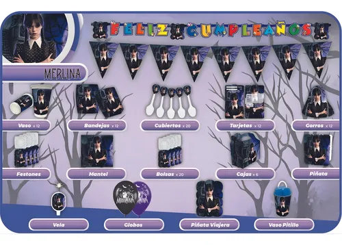 Kit Infantil Decoración Fiesta - Merlina Addams X24 Inv