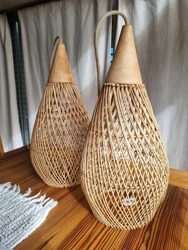 Lámpara De Rattan Colgante Bambú Madera Yute Natural