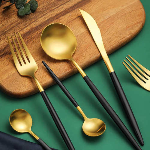 24pcs Conjunto De Talheres De Aço Luxo Inoxidável Preto-ouro