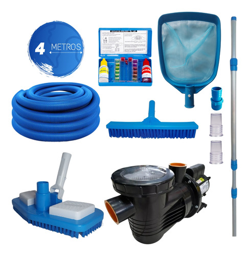 Kit Limpeza Piscina Com Bomba 1/4cv E 4 Metros De Mangueira