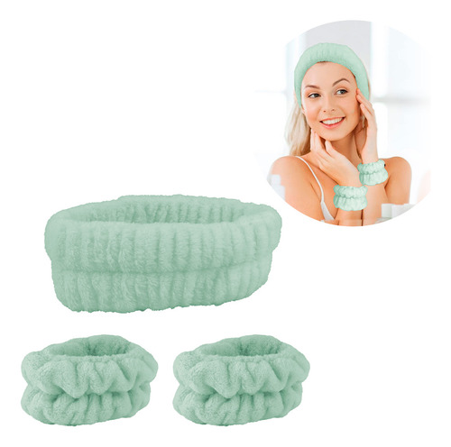 Kit Diadema Sin Moño Slim Company De Pelo Y Muñequeras Microfibra Para Skincare El Cuidado Facial Y Maquillaje Spa En Casa Color Verde