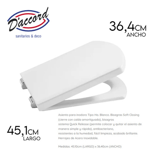 Asiento Inodoro Apto Ha D'accord Resina Premium Soft Closing