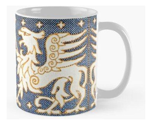 Taza Grifo Blanco Oro En Azul Bestiario Medieval Calidad Pre