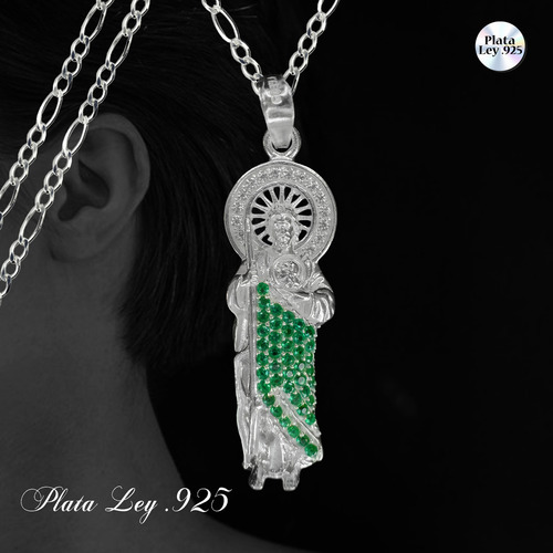 Set De 3 Dijes De Plata San Judas Tadeo Con Incrustaciones De Zirconia Verdes Y Cristalinas Con 3 Cadenas De Plata Calibre 50 Con 55 Cm De Longitud Ideal Regalo Boda Bautizo Xv Años