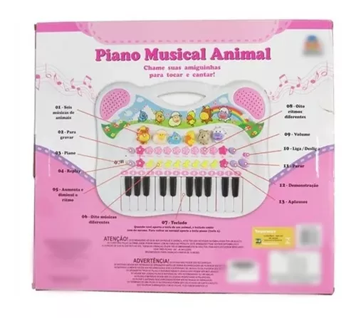 Piano teclado musical animal fazendinha azul rosa braskit