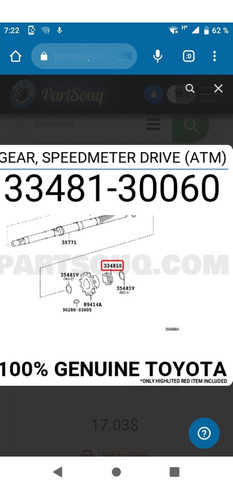 Engranaje Velocímetro Toyota T100 A 28 Dias