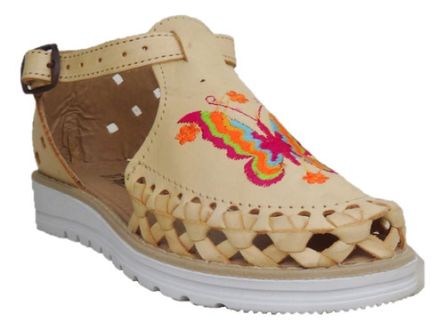 Huarache Artesanal Bordado Mariposa Tan Natural  Piel 