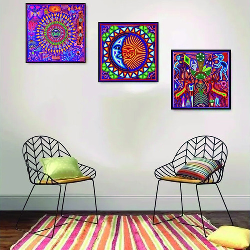 3 Cuadros Arte Huichol Mexicano En Lienzo Canvas Decorativo