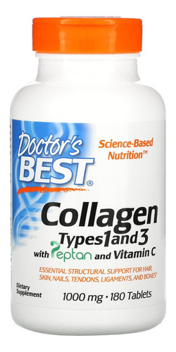 Colágeno Collagen Types 1 E 3 Doctor's Best® 1000mg 180 Tabs Sabor Sem Sabor