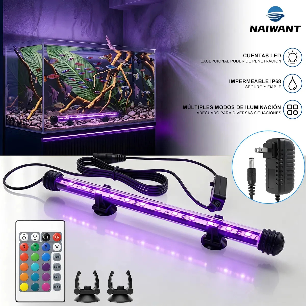 Imagen de Naiwant® Lámpara Para Peceras Miveni Acuarios 29cm Ip68 Con 16colors 4 Modos Luces Led Sumergible Rgb De Iluminación Dinámica Brillo Ajustable Con Control Remoto Con Controlador