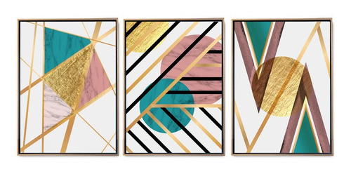 Set 3 Canvas Decorativos Modernos Figuras Abstractas Dorado