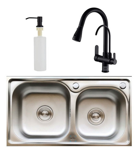 Imagen 1 de 3 de Pileta Y Media + Dispensador + Grifería Negra Filtro Acra